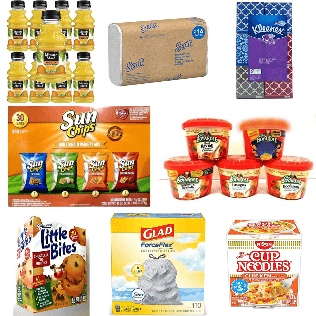 Collage of most needed items: individual orange juices, paper towels, tissues, chips, individual meals, trash bags, individually packaged muffins