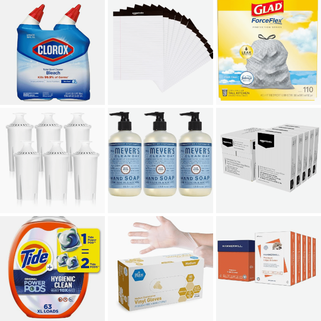 Collage of most needed items: individual orange juices, paper towels, tissues, chips, individual meals, trash bags, individually packaged muffins